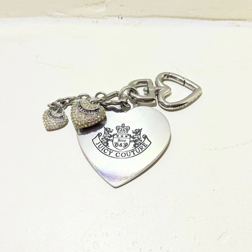 Vintage Y2K Rare Juicy Couture Keychain Bag Charm Heart Rhinestone Logo Silver